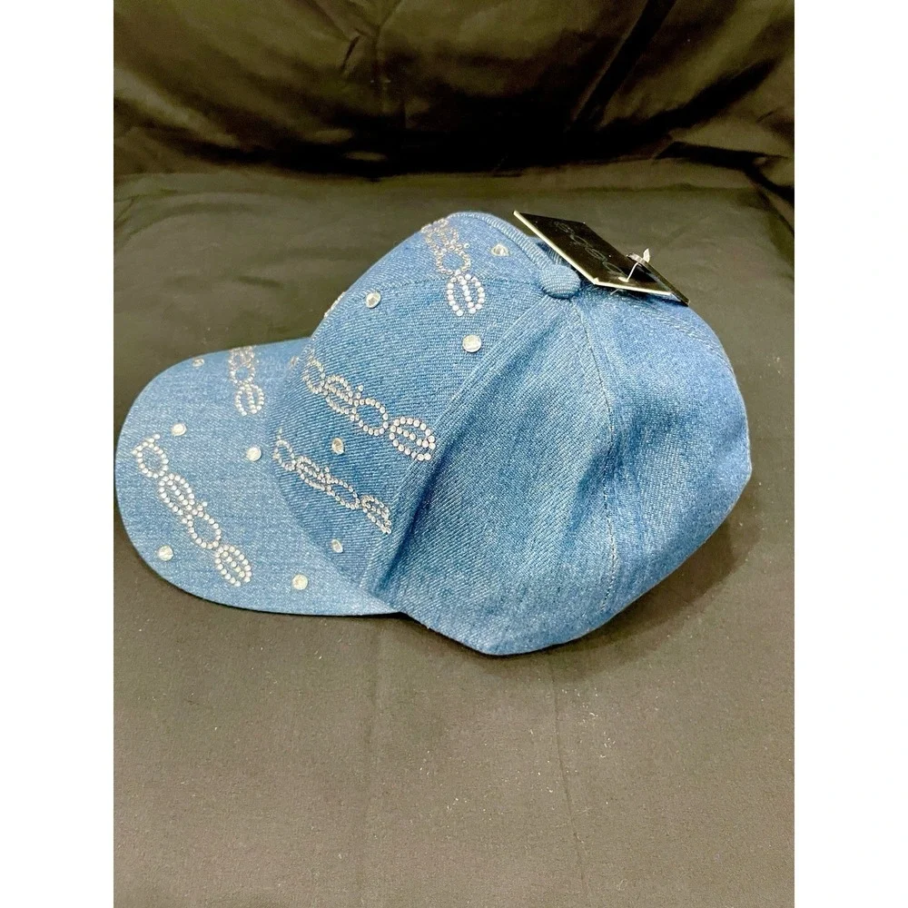 NWT Bebe Rhinestone Denim‎ Baseball Hat Blue All Over Bling Logo Cap Y2K